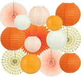 15Pcs Autumn Pink and Orange Party Decorations, Hanging Orange Paper Lanterns Honeycomb Paper Fans Triangle Flag Banner for Girl