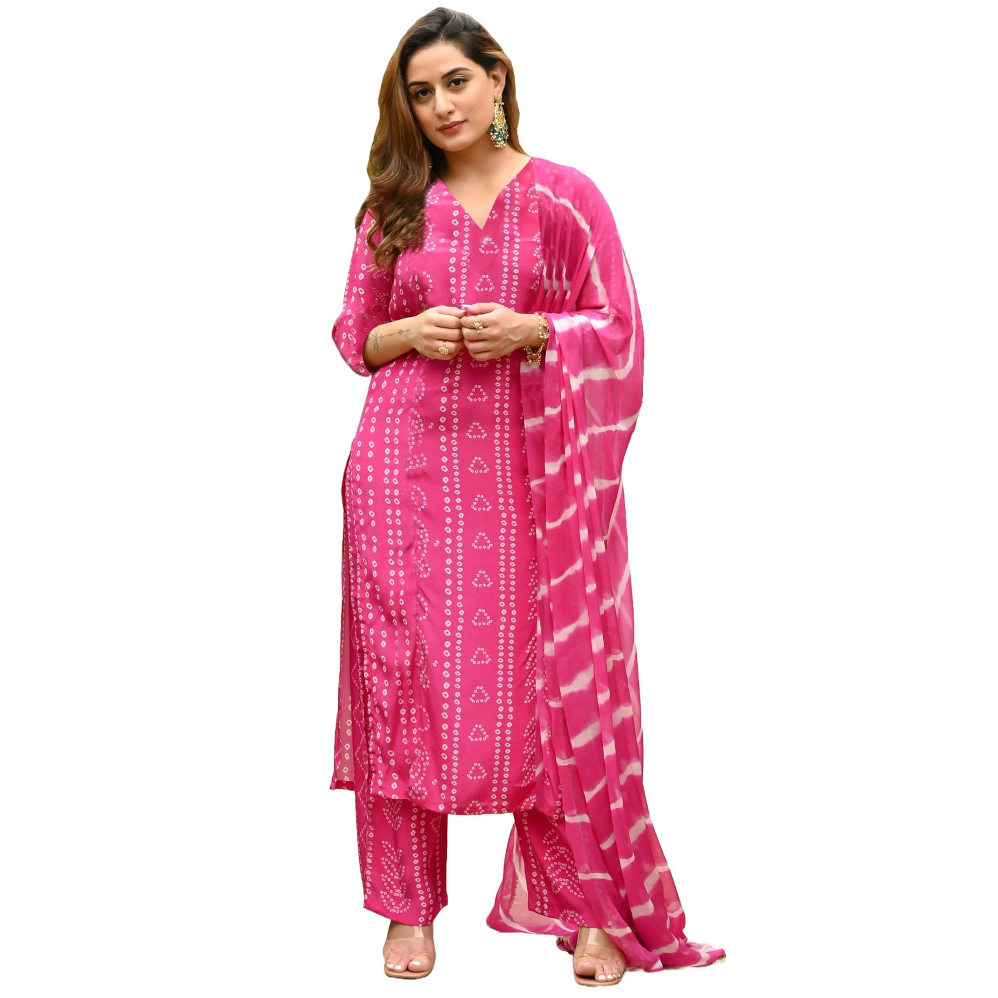 Gosriki Women'S Rayon Blend Straight Bandhej Printed Kurta With Pant & Dupatta (Baghira Pink-Vks01-Gs_M_Pink_Medium),Pink,,B0DFXZQ1BB