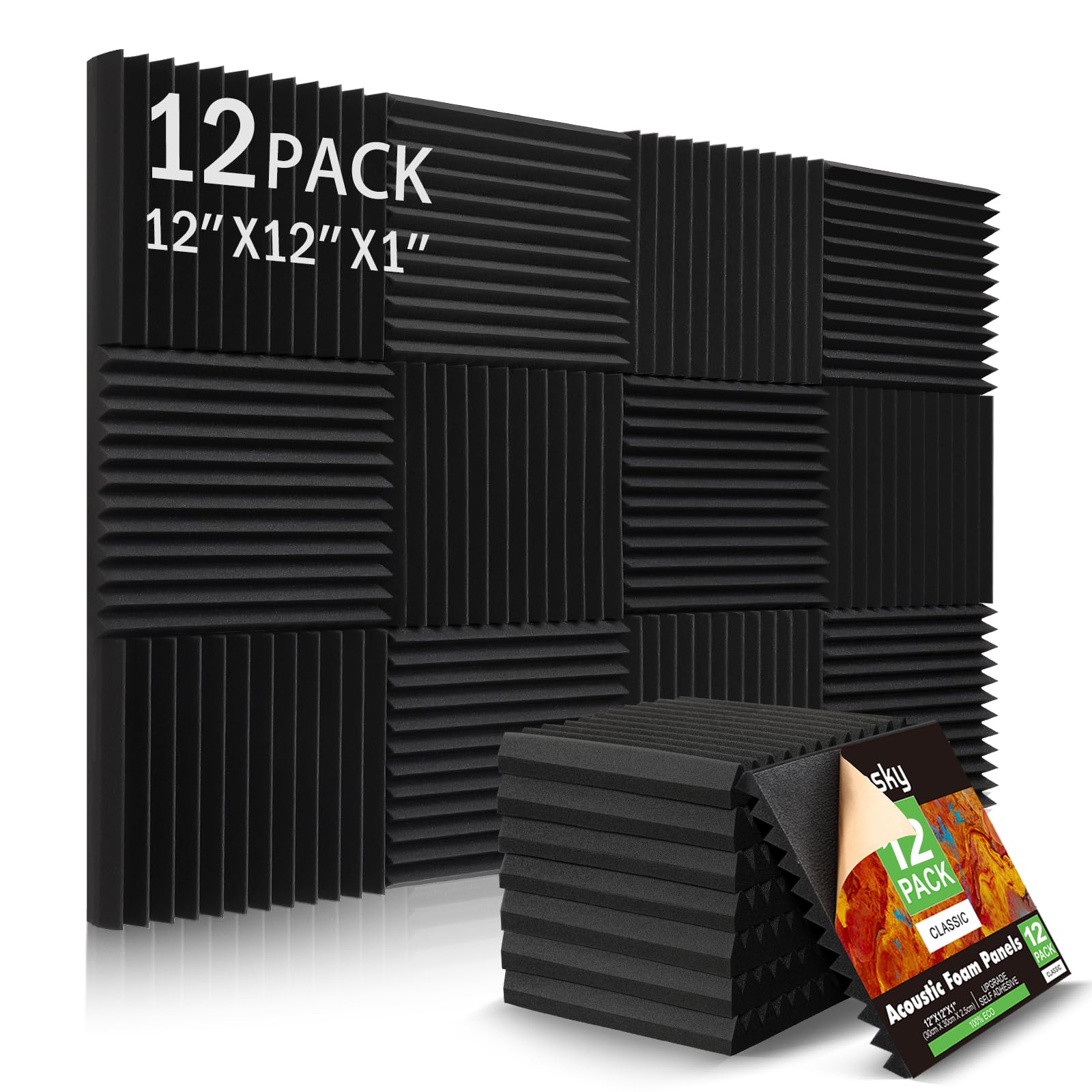 12 Pack Sound Proof Foam Panels Studio Acoustic Foam Panels,1 X 12 X 12Soundproof Wall Panels With Self-Adhesive,Fire-Proo