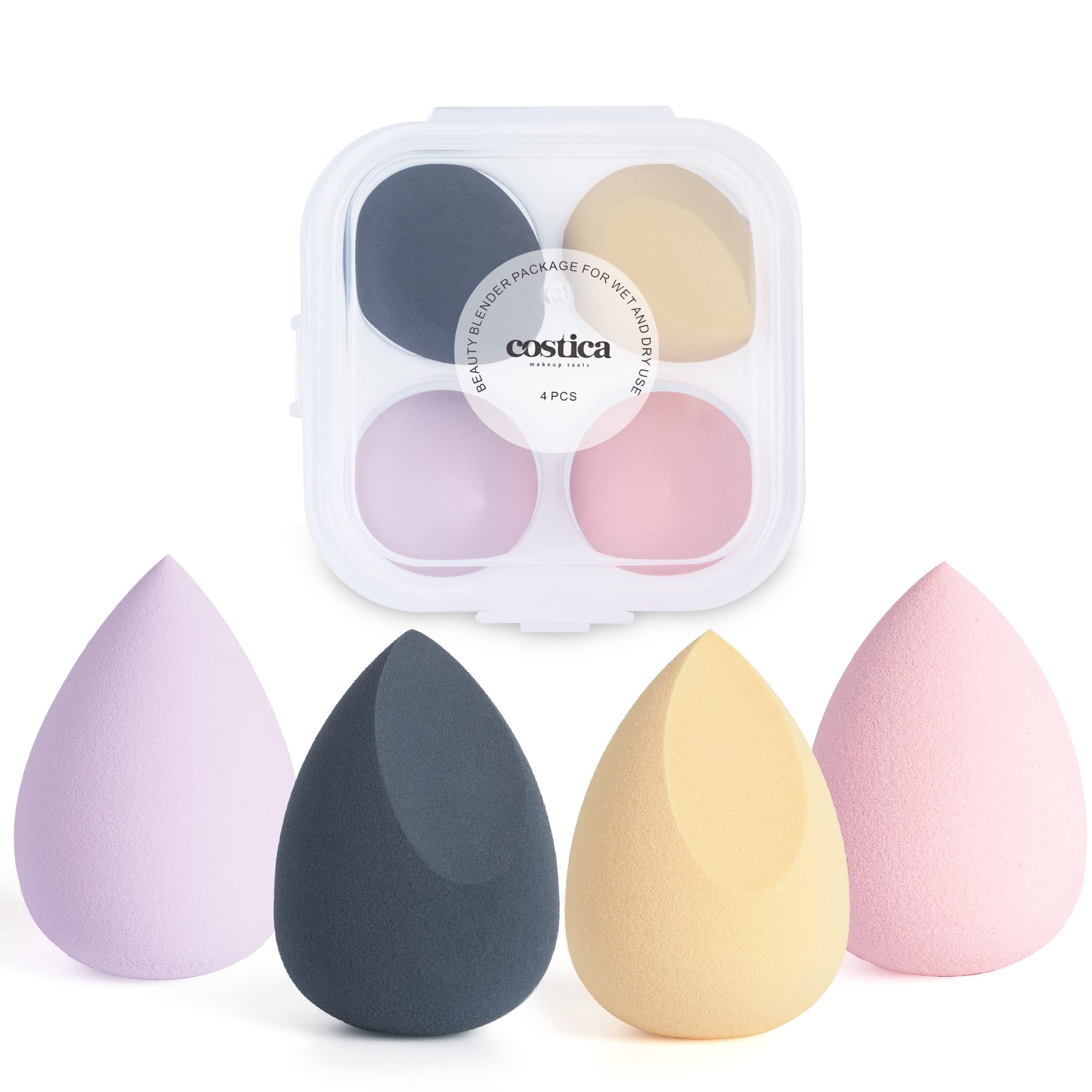 COSTICA Makeup Sponge, 4 Pcs Beauty Blender for Foundation Blending Sponge, Multi-colored Makeup Blender with Storage Box, Flawl