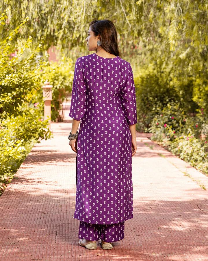 Anni Designer Women'S Cotton Blend Straight Printed Kurta With Palazzo (Tenzin Purple_S_Purple_Small),Purple,S,Cotton Blend,Regular,