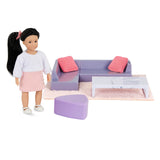 Lori Yuni's Cozy Sofa Set Mini Doll & Living Room Furniture 6-inch Doll & Dollhouse Accessories Sofa, Pouffe, Table, Rug, Pillow
