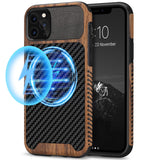 TENDLIN Magnetic Case Compatible with iPhone 11 Pro Max Case Wood Grain with Carbon Fiber Texture Design Leather Hybrid Slim Cas