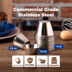 120 Pack] 4 oz Stainless Steel Sauce cups - Individual Round condiments Ramekins, commercial grade SafePortion Dipping Sauce Kit