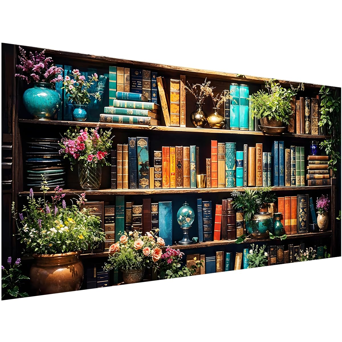 Ohhvvow 5D Bookshelf & Blooms Large Diamond Art Kit for Adults, 27.5x15.7 Inch Cozy Library Diamond Painting with Books & Flower
