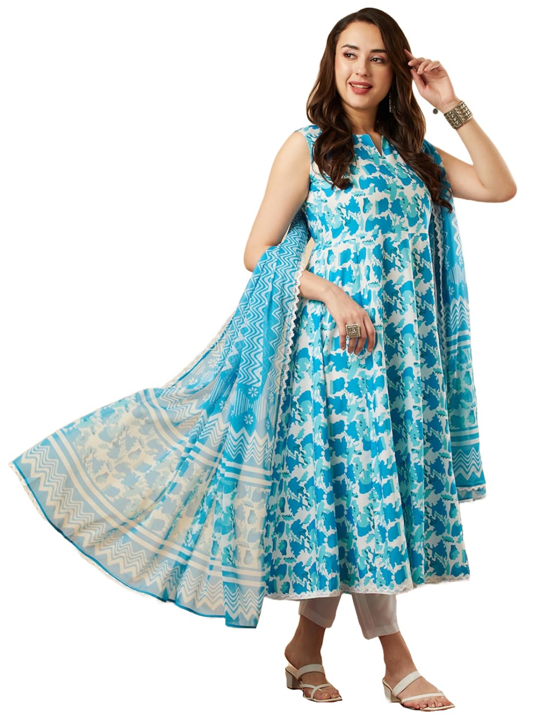 Gosriki Women'S Cotton Blend Anarkali Printed Kurta With Pant & Dupatta (Kalishta Sky Blue-Nw-Gs_Xxl_Sky Blue_Xx-Large),Sky Blue,2,B0CJ38G448