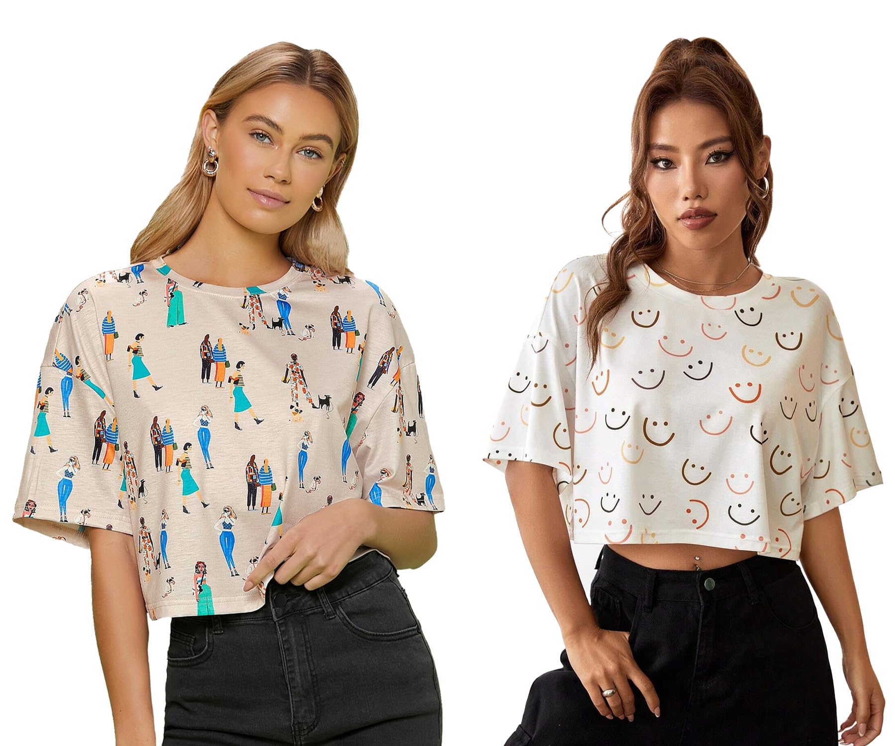Toplot Women'S Casual Printed Crop Top With Half Sleeve Pack Of 2 (Combo-5098-Cku-Sml-M),Chiku-Smile,,B0CFTWMF53