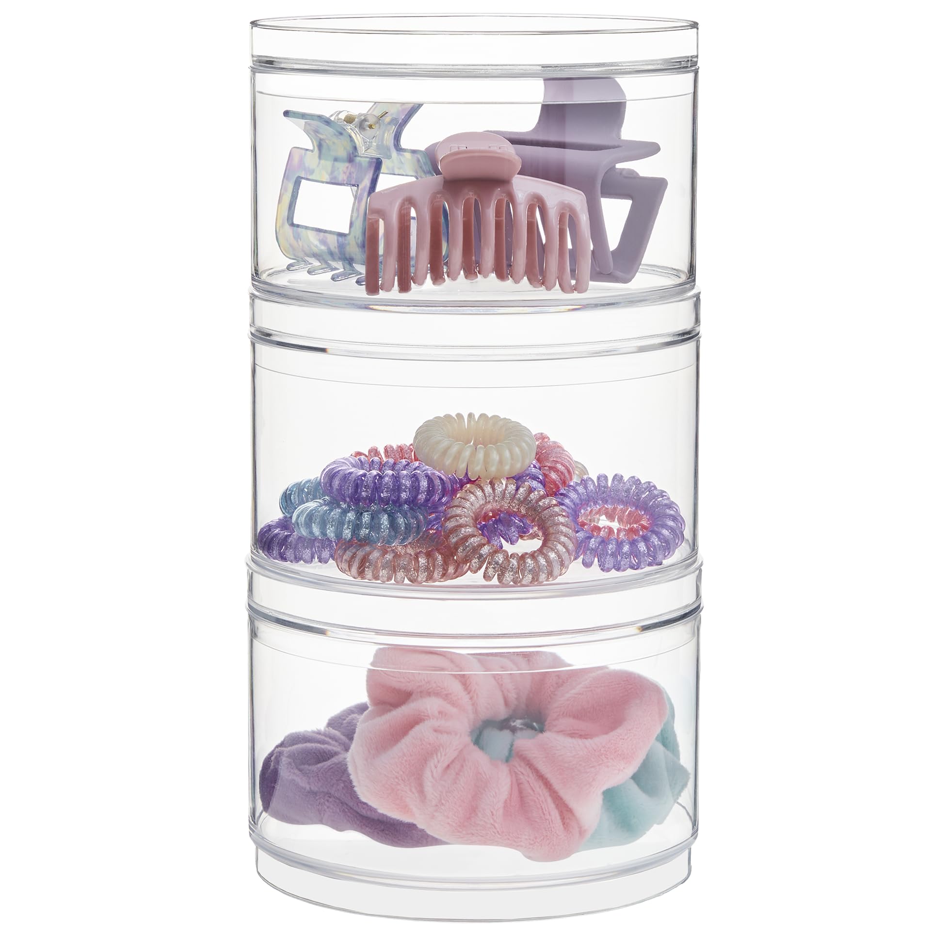 STORi Bella Stackable Clear Plastic Container (Set of 3) Round Vanity Storage Organizers with Lids for Hair Accessories & Beauty