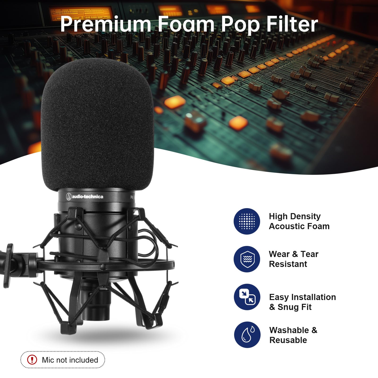 PhantAccy Pop Filter/Windscreen for Audio-Technica AT-2020 AT-2035 AT-2040 AT-2050 ATR2500 ATR2500X AT-4040 Microphones, Foam Mi
