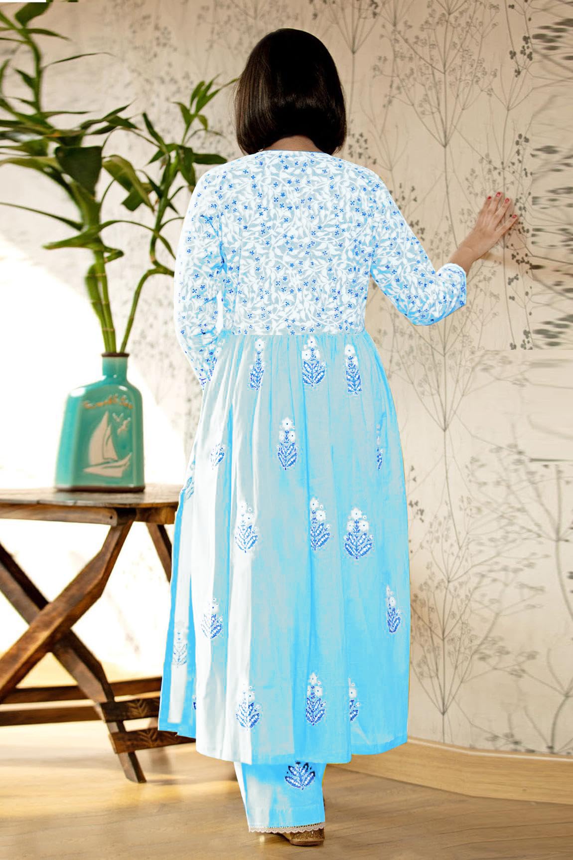 Gosriki Women'S Rayon Blend Anarkali Printed Kurta With Pant & Dupatta (Renu Sky Blue-Vks01-Gs_S_Sky Blue_Small),Sky Blue,,B0DC6KP9QP