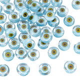 NBEADS About 49 Pcs Evil Eye Lampwork Beads, 8mm Light Blue Handmade Evil Eye Beads Flat Round Evil Eye Glass Flat Beads for Nec