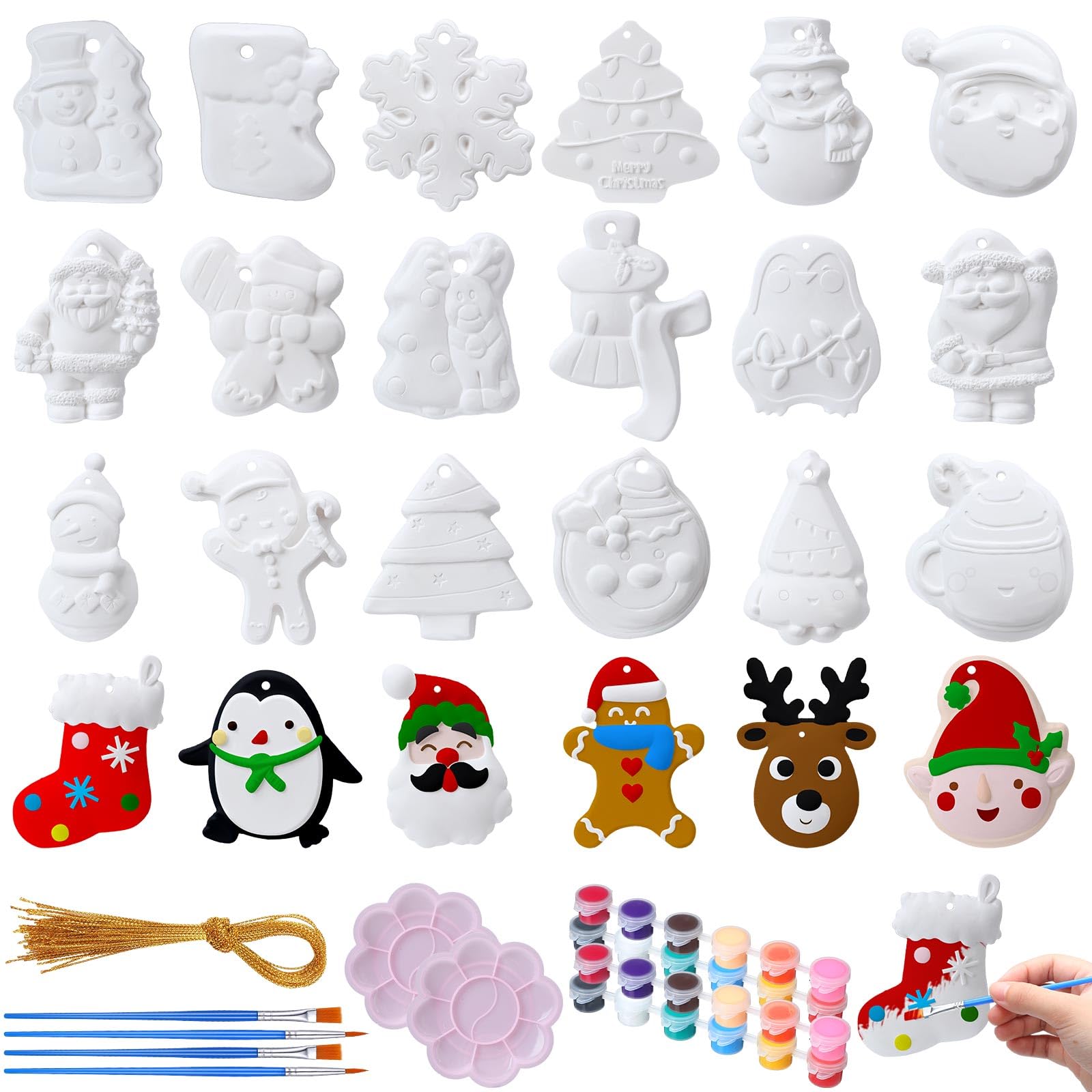 Syhood 24 Pcs Ceramic to Paint Christmas Ornaments Crafts for Paint Your Own Kit DIY Ceramics Santa Snowmen Gingerbread Men Cera