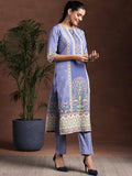 Libas Womens Printed Crepe Straight Kurta With Trousers And Dupatta Purple L 36944