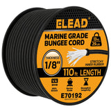 Heavy Duty Bungee Cord Roll, 1/8 x 110ft Marine Grade Outdoor Bungee Cords, Black Super Elastic Shock Cords, Long Cord for Cargo