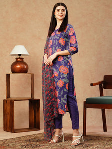 Gosriki Women'S Cotton Blend Straight Printed Kurta With Pant & Dupatta (Fataki Begani-Nw-Gs_M_Violet_Medium),Violet,,B0CTXGVWH2