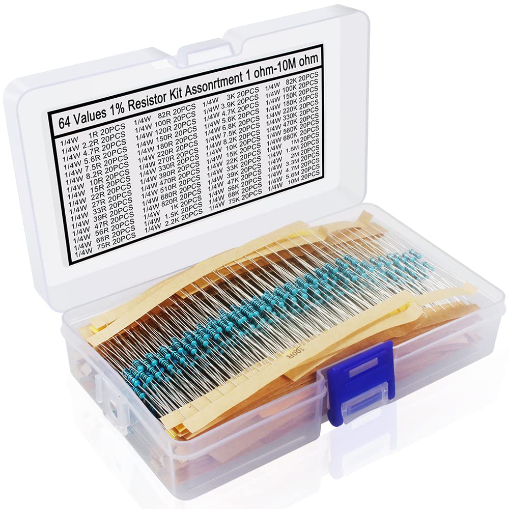 1280 Pieces 64 Values Resistor Kit, 1% Assorted Resistors 1 Ohm-10M Ohm 1/4W Metal Film Resistors Assortment For Diy Projects An