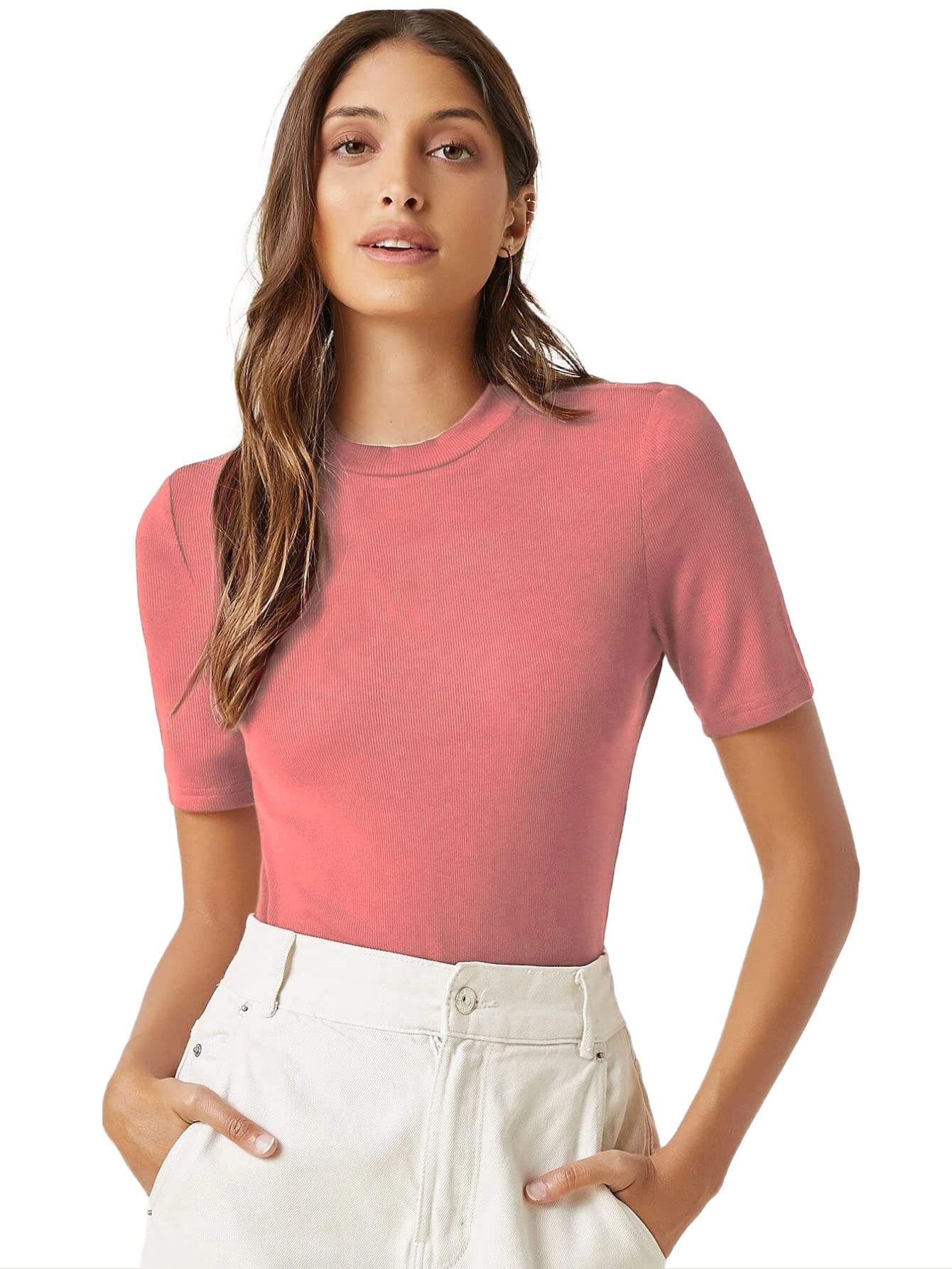 Anni Designer Women'S Cotton Belnd Lycra Ribbed Solid Half Sleeve Round Neck Top (Ntpr-Peach_S_Peach_Small),Peach,S