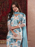 Anni Designer Women'S Cotton Blend Straight Printed Kurta With Pant & Dupatta (Pankhuri Sky_Xl_Sky Blue_X-Large),Sky Blue,XL,,,