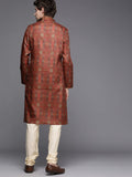 Manyavar Kurta Set For Men, Full Sleeves Mandarin Collar Ethnic Kurta Set For Engagement, Wedding, Party All Over Self Design (Rust, L)