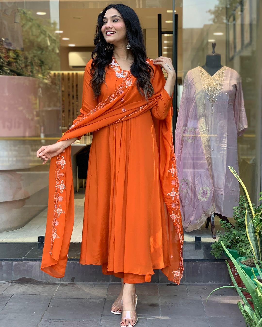 Anni Designer Women'S Rayon Blend Anarkali Thread Work Kurta With Pant & Dupatta (Ashvthama Orange_5Xl_Orange_Xxxxx-Large),Orange,5XL,Rayon Blend,Classic,