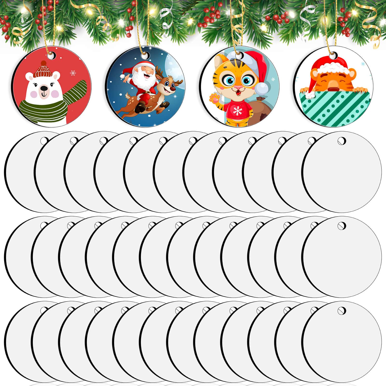 35 Pieces Sublimation Ornament Blanks, Round Blank Sublimation Ornaments Sublimation Christmas Ornament Blanks for Christmas Tre