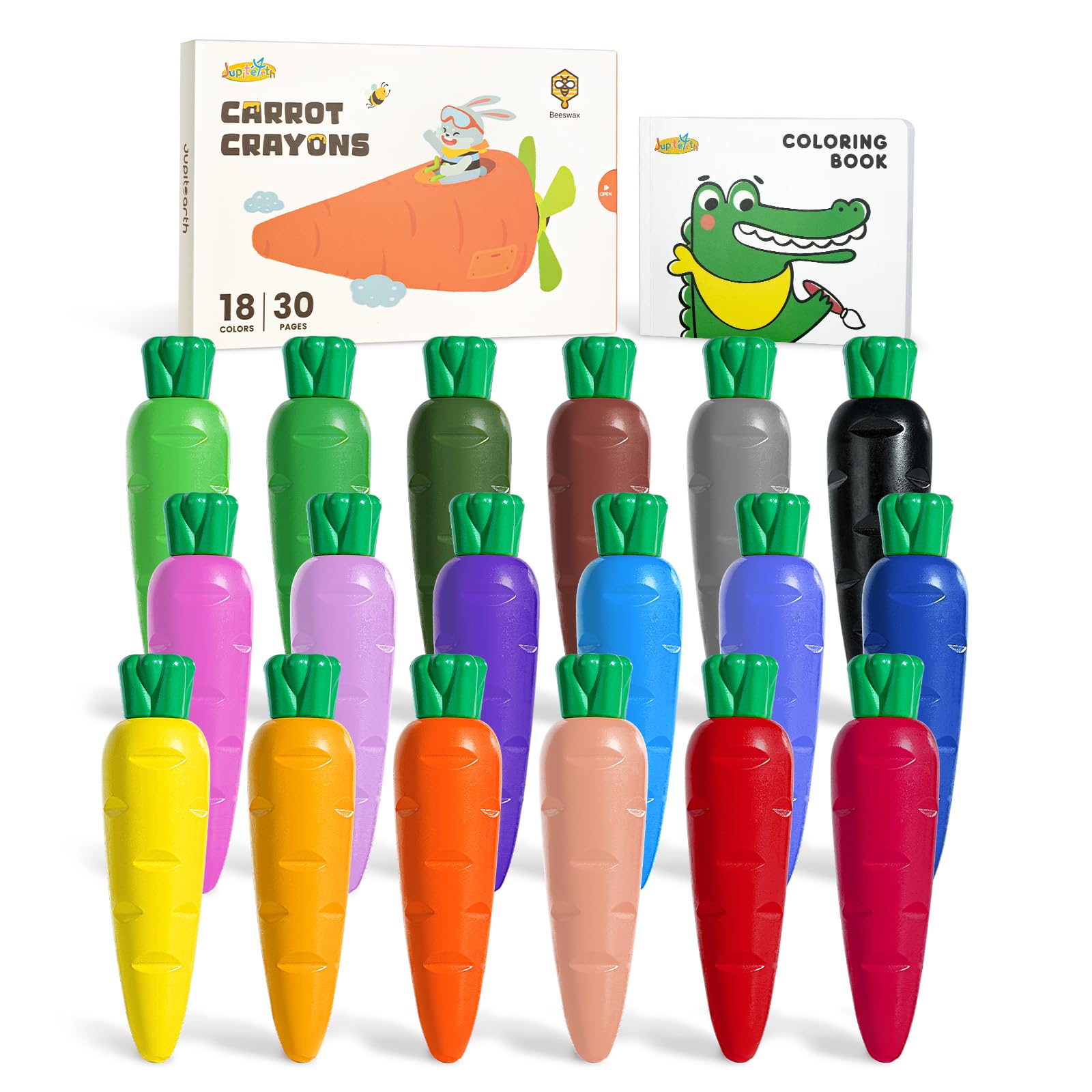 JUPITEARTH 18 Colors Crayons for Toddlers 1-3, Non Toxic Beeswax Carrot-Shaped Toddler Crayons with 30-Page Coloring Book and 12