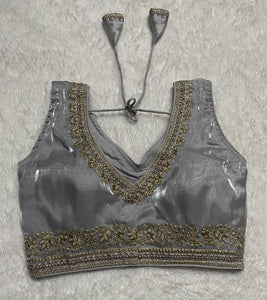 Vihu Fashion Women'S Readymade Sleeveless Blouseindian Ethnic Designer Blouse Jimmy Choo Fabric Embroidered V Neck Blouse Back Hook Open Saree Fancy Blouse (Silver, 34)