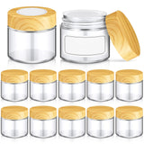 Layhit 12 Pcs Glass Jars with Lids Clear Small Jars with Plastic Woodgrain Lids, White Labels and Inner Liners Empty Round Cosme