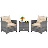 Tangkula 3 Pieces Wicker Patio Furniture Set, Outdoor Rattan Conversation Cushioned Chair Set with Tempered Glass Side Table, fo