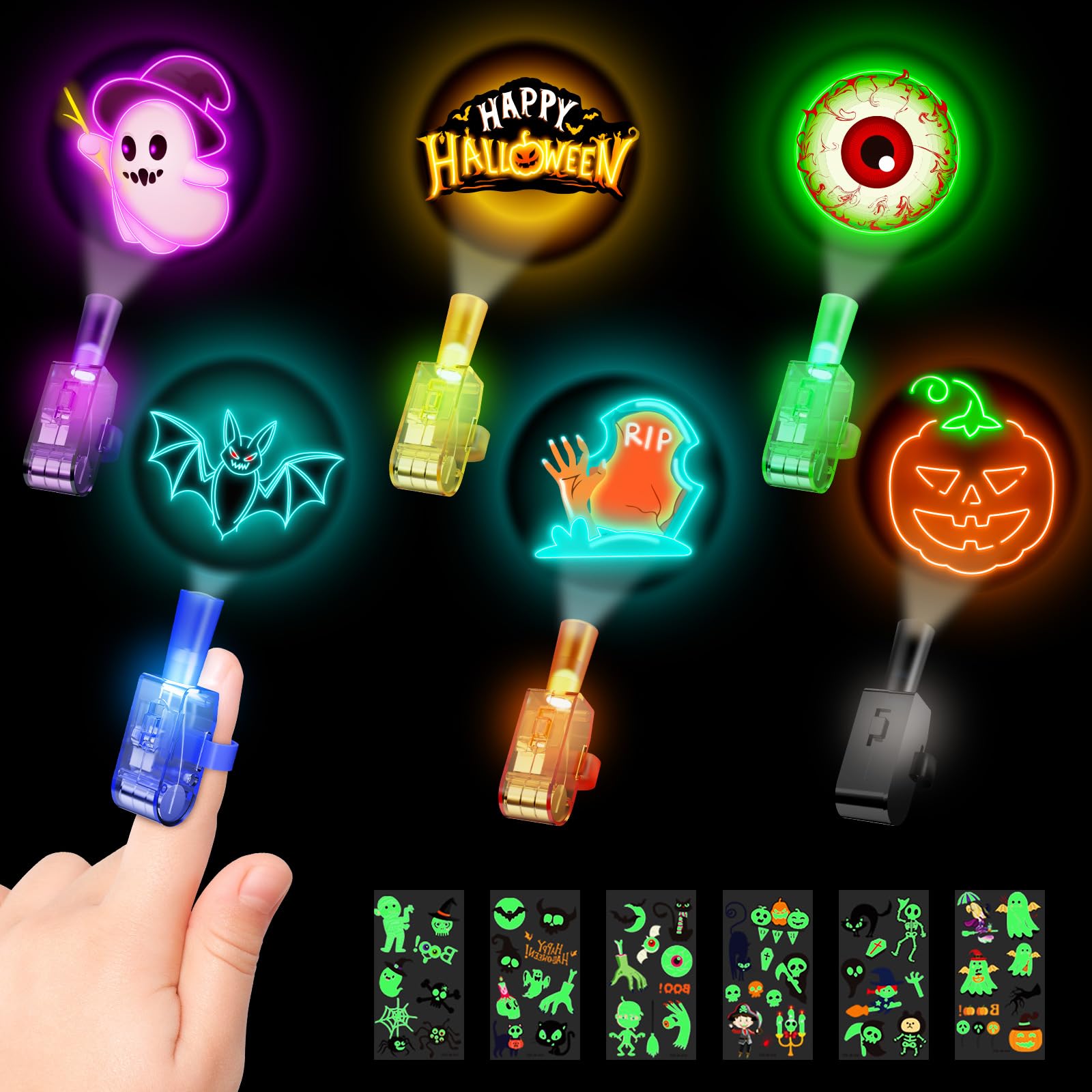36 Pack Halloween Party Favors for Kids - LED Finger Lights & Glow in The Dark Tattoos Set, Non-Candy Treats, Trick or Treat Gif