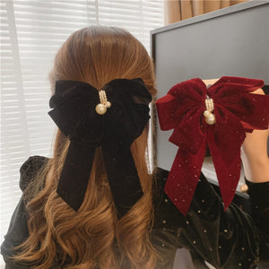 Wekicici Big Bow Hair Clips with Pearl Black Bow Hair Clips Huge Soft Bow Women Barrettes Accessories for Women Girls (Black),re