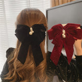 Wekicici Big Bow Hair Clips with Pearl Black Bow Hair Clips Huge Soft Bow Women Barrettes Accessories for Women Girls (Black),re