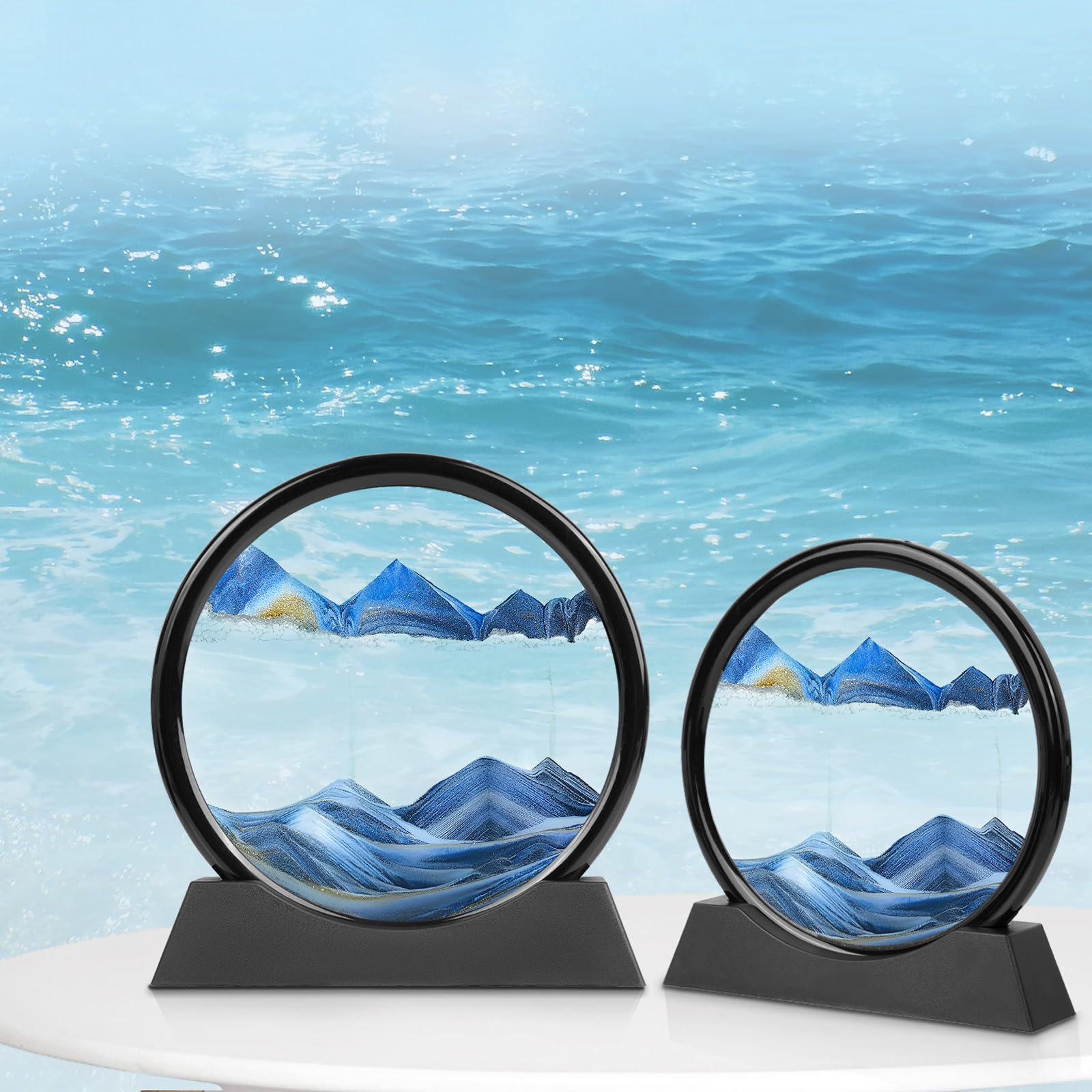 Moving Sand Art, 3D Liquid Motion Deep Sea Sandscape Color Quicksand Decor, Round Glass Flowing Circle Sand Art Sandscapes Pictu