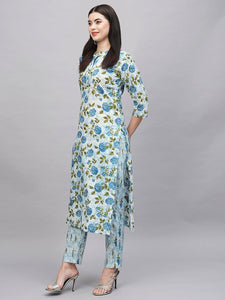 Gosriki Women'S Cotton Blend Straight Printed Kurta With Pant (Dafiya Blue-Gs_Xl_Blue_X-Large),Blue,,B0CSG3NX6S