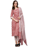 Anni Designer Women'S Cotton Blend Staright Printed Kurta With Pant & Dupatta (Vedavati Red_Xl_Red_X-Large),Red,XL