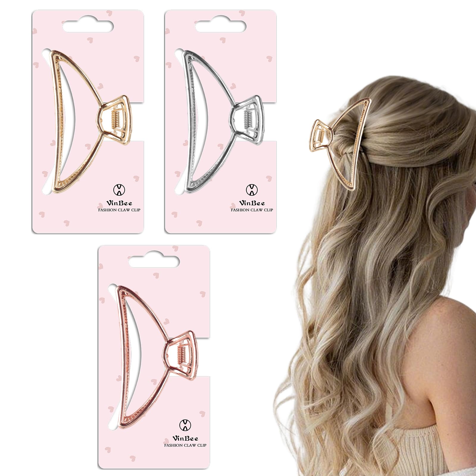 VinBee Metal Hair Clips for Women Hair Claw Clips Medium for Thick Hair 3 Pack (Silver + Gold + Rose Gold)