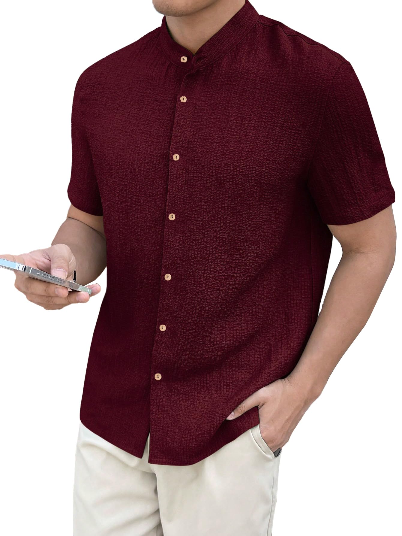 Toplot Men'S Solid Regular Fit Shirt (Popcorn-Mandarin-5210-Maroon-S_Maroon,Maroon,,B0DK5359W5