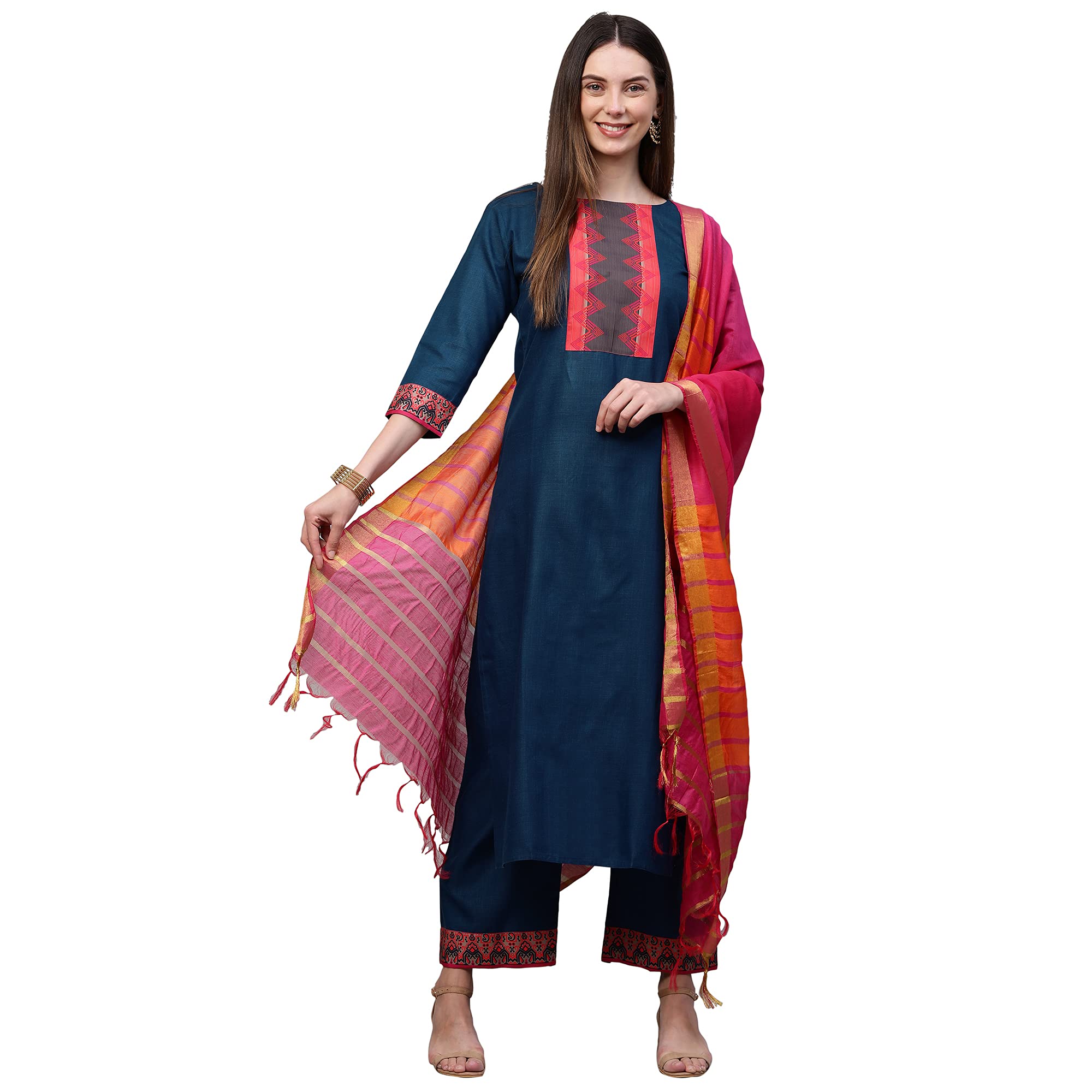 Anni Designer Women'S Cotton Printed Straight Kurta With Palazzo & Dupatta (My-Hit-One Blue_Xxl_Blue_Xx-Large),Blue,2XL