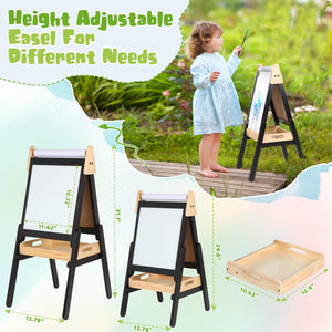 3 in 1 Easel for Kids with Wood Tray Double Sided Kids Easel with Paper Roll,Magnetic Chalkboard & White Board Height Adjustable