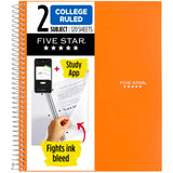 Five Star Spiral Notebook + Study App, 2 Subject, College Ruled, 81/2 x 11, 120 Sheets, Fights Ink Bleed, Purple, Orange, Gre