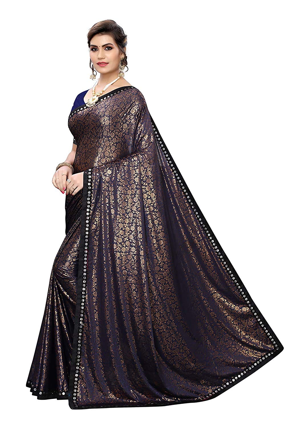 Anni Designer Black Color Lycra Golden Flower Print Saree With Blouse Piece (Mithunjay_Black_Free Size),Black,Free,Lycra,ready to wear,Saree