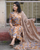 Anni Designer Women'S Rayon Blend Printed Straight Kurta With Pant & Dupatta (Kalam Chiku_M_Beige_Medium),Beige,M,Rayon Blend,Regular,Dupatta