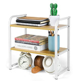 UPRIMEASY Desktop Shelf Organizer Office Desk Shelf for Top of Desk Wood & Metal Bookshelf Supplies Storage Rack (White&Walnut)