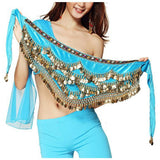 Fdf Heavy Sky Blue Belly Dance Chiffon Hip Scarf Wrap Belt Tribal Coin Sash Gold Coins3