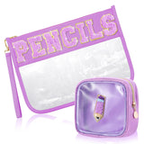 SUILU 2 Pcs Pencils Cosmetic Makeup Bag with Chenille Letter Patch,with Handles PVC Waterproof Clear Makeup Bag,Portable Toiletr