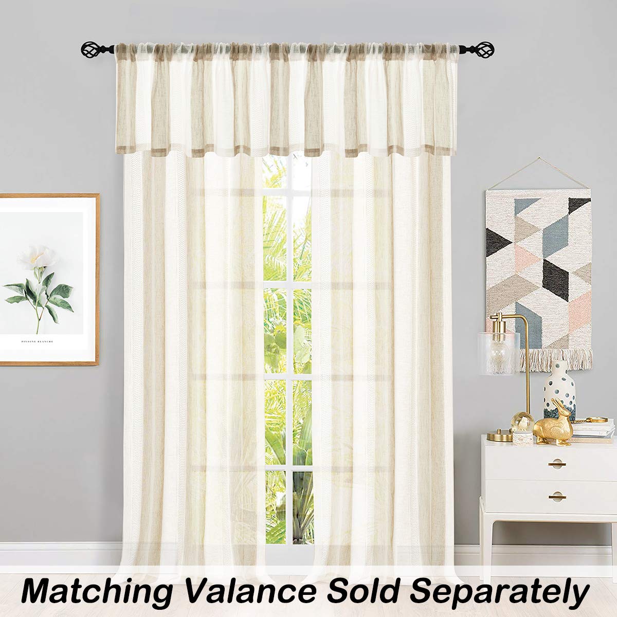 Central Park Sheer Beige and White Stripe Farmhouse Curtains Boucle Linen Window Curtain Panel Pairs Yarn Dyed Woven 108 Inches