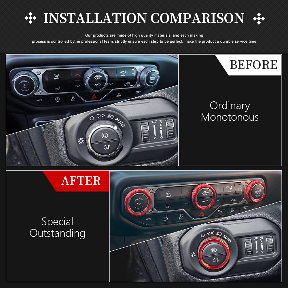 LECART for Jeep Wrangler JL Accessories AC Knob Covers Headlight Switch Knob Cover Cap Red Interior Car Trim for Jeep Wrangler J