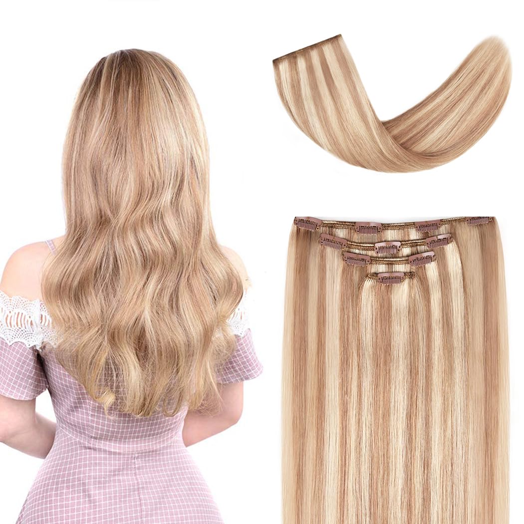 16 Clip in Hair Extensions Remy Human Hair for Women - Silky Straight Human Hair Clip in Extensions 55grams 4pieces #18-613 Co