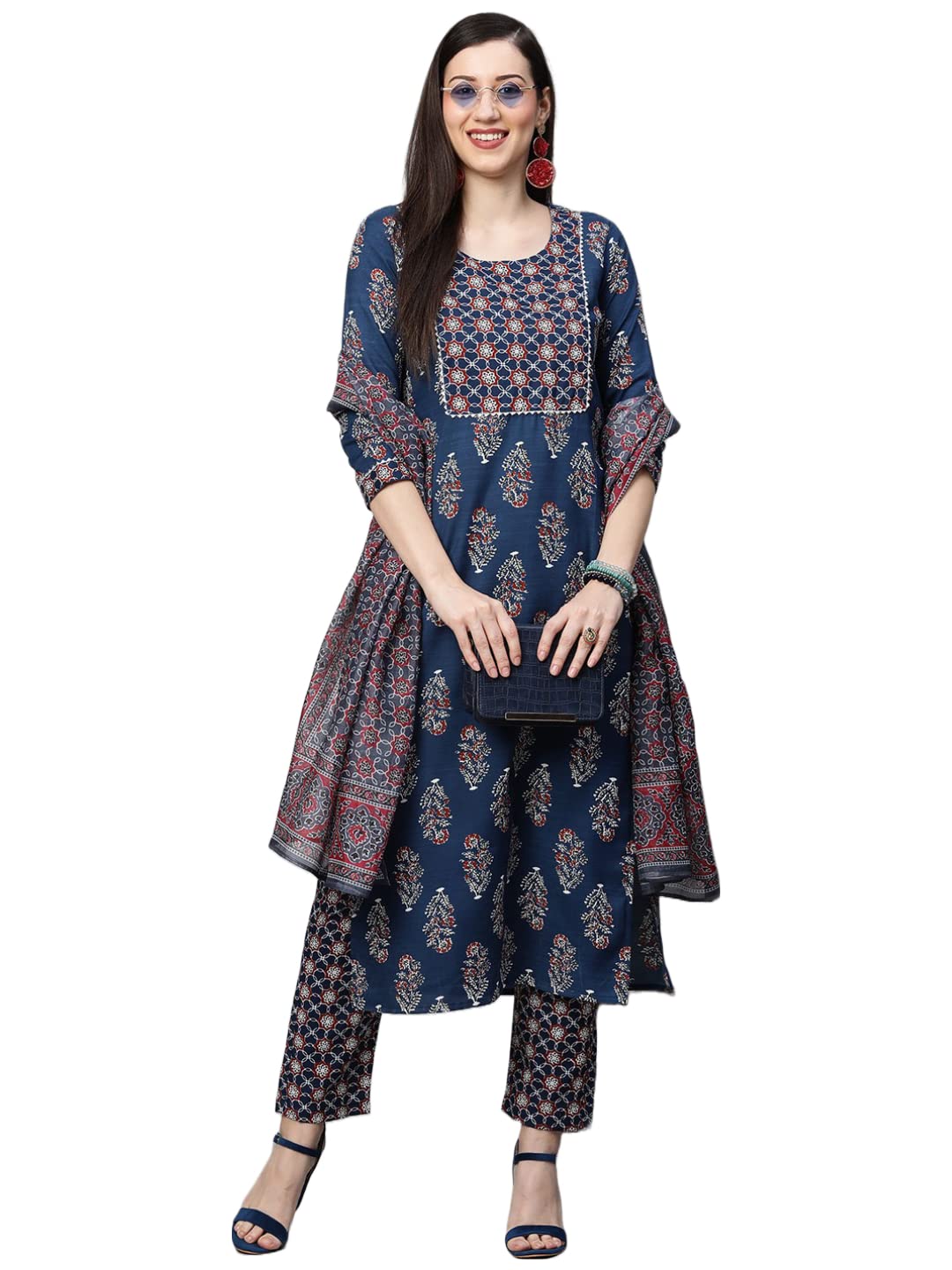 Anni Designer Women'S Cotton Blend Straight Printed Kurta With Pant & Dupatta Set (Jasmine Blue-Nv_Xxl_Blue_Xx-Large),Blue,2XL