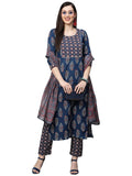 Anni Designer Women'S Cotton Blend Straight Printed Kurta With Pant & Dupatta Set (Jasmine Blue-Nv_Xxl_Blue_Xx-Large),Blue,2XL